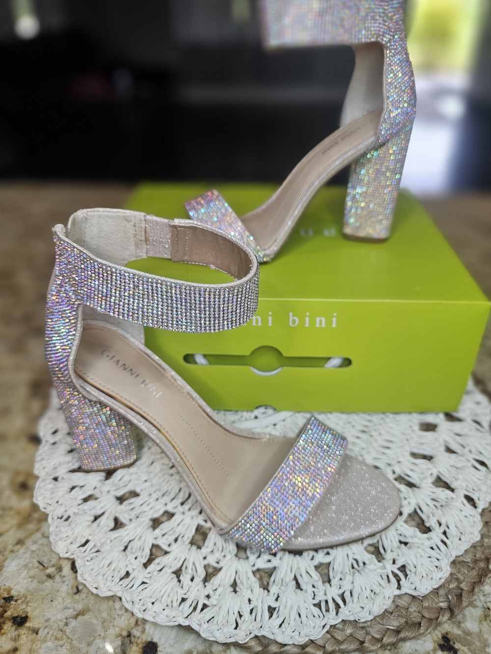 New Gianni Bini Iridescent Crystal Block-Heel Sandals - Sparkling Pink